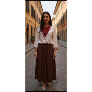 Ecote womens blouse cross small beige embroidered orange lace hem boho peasant